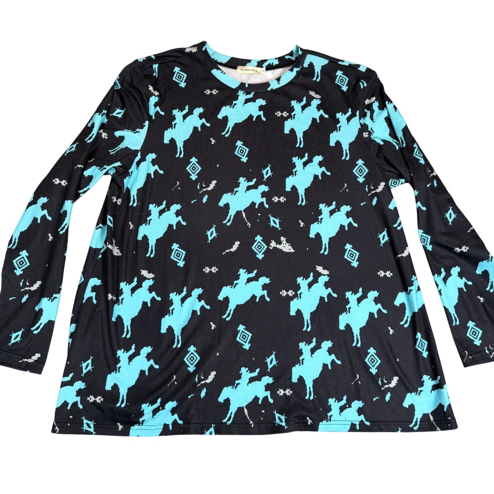 Southern Stitch Womens XL Turquoise Rodeo Bronco Print Long Sleeve Western Top